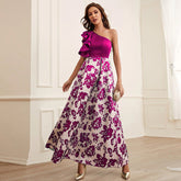 Robe asymétrique à imprimé floral et col en diagonale
